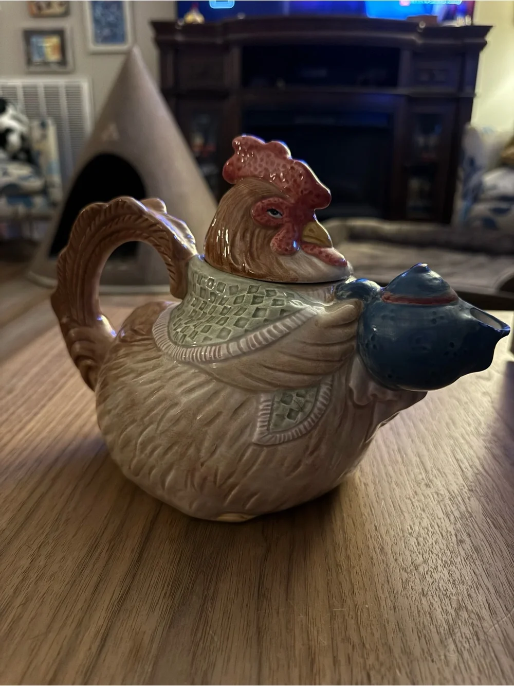 Fitz and Floyd Rooster Teapot in Red, Blue, Cream and Brown